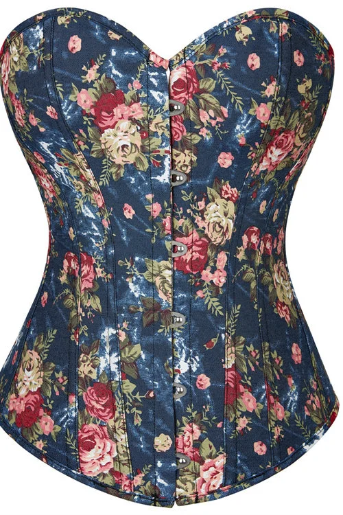 TightshipDark Blue Floral Boned Strapless Lace-Up Bustier Corset Top