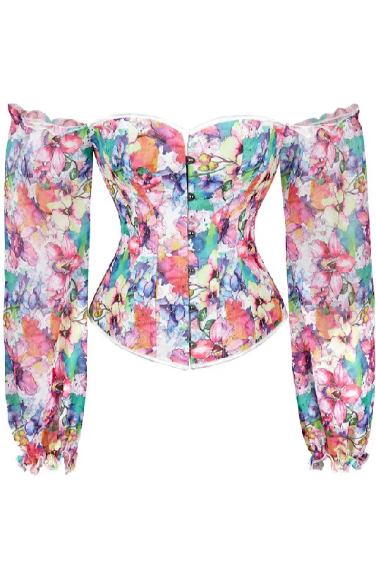 TightdeadlineOff-Shoulder Long Sleeves Floral Corset Top