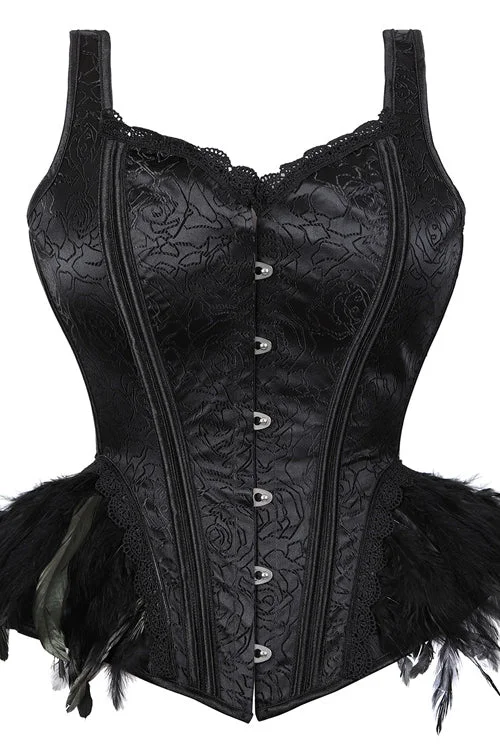 TightloopBlack Lace-Up Floral Laced Bustier Corset Top with Feathers