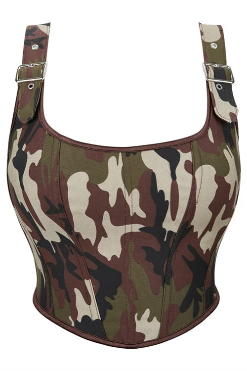 TightactivewearGreen Camouflage Lace-Up Retro U Neck Bustier Corset Top