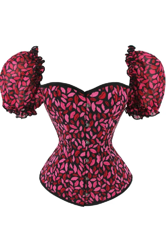 TightnessRed Ruffled Puff Sleeves Lace-Up Lips Prints Bustier Corset Top