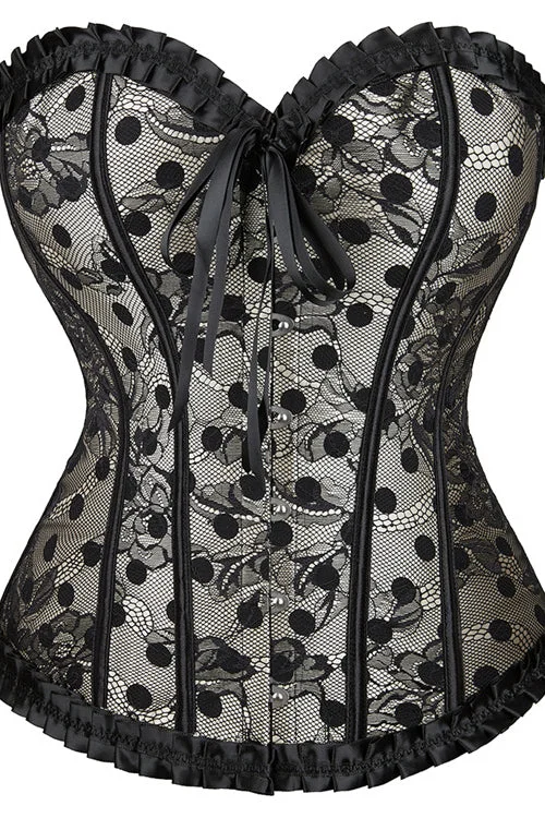 TightfitBlack Strapless Ruffled Dots Lace-Up Bustier Corset Top