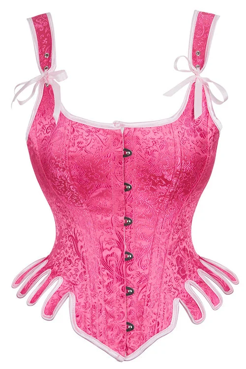 TightfocusVintage Barbie Pink Lace-Up Floral Embroidery Steel Boned Bustier Corset Top