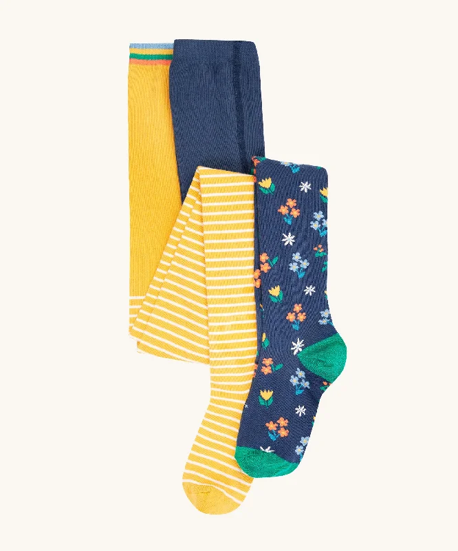 TightskirtFrugi Norah Tights 2 Pack - Bumblebee Breton/Navy Blue Floral