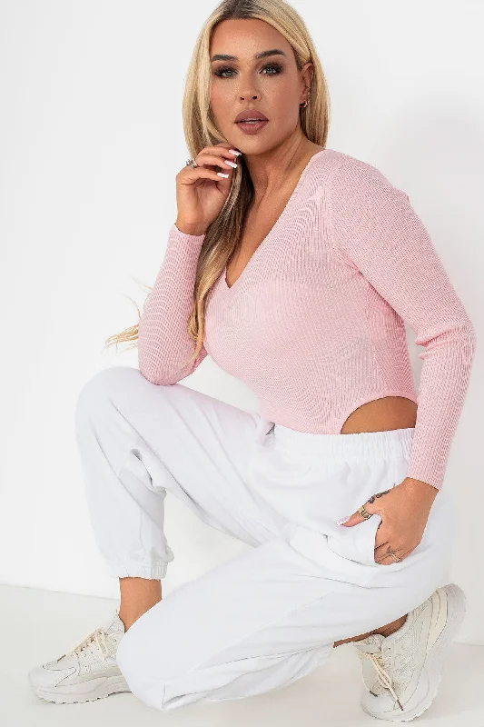 TightvictoryGabby Pink Knit Long Sleeve Bodysuit