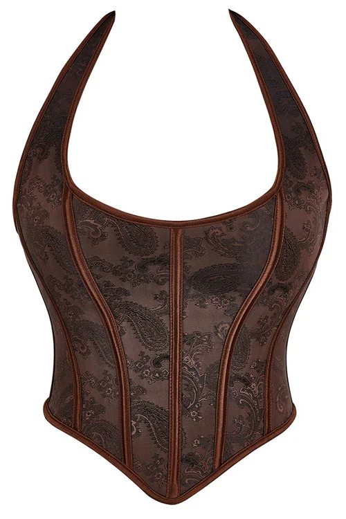 TightfinishBrown Halter Boned Floral Lae-Up Bustier Corset Top