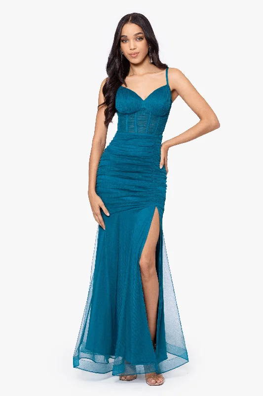 Tightschedule"Alexie" Long Mesh Corset Rouched Mermaid Dress