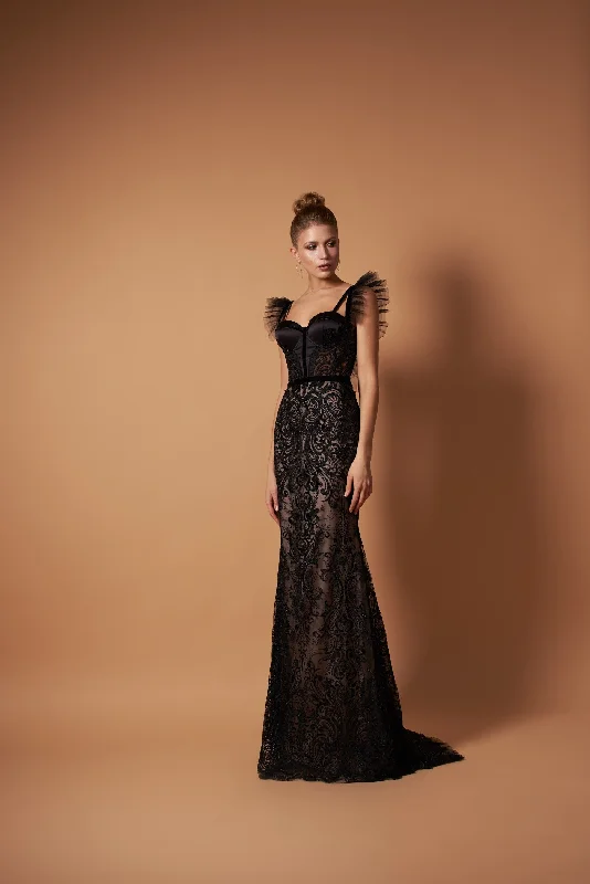 TightbondBlack Couture Gown With Ruffled Shoulders