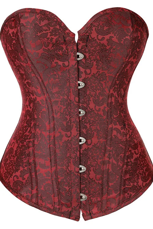 TightturnWine Red Strapless Lace-Up Jacquard Bustier Corset Top