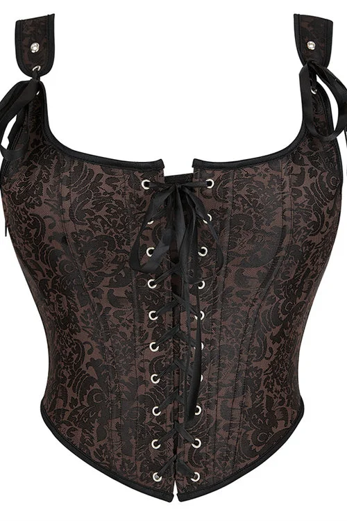 TightstructureBrown Bow Tie Lace-Up Floral Boned Bustier Corset Top