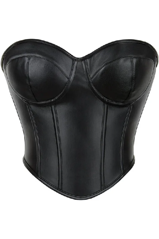 TightshipBlack Strapless Lace-Up Leather Boned Bustier Corset Top