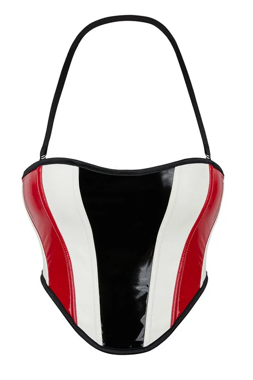 TightshoeWhite and Black and Red Halter Lace-Up PU Leather Bustier Corset Top