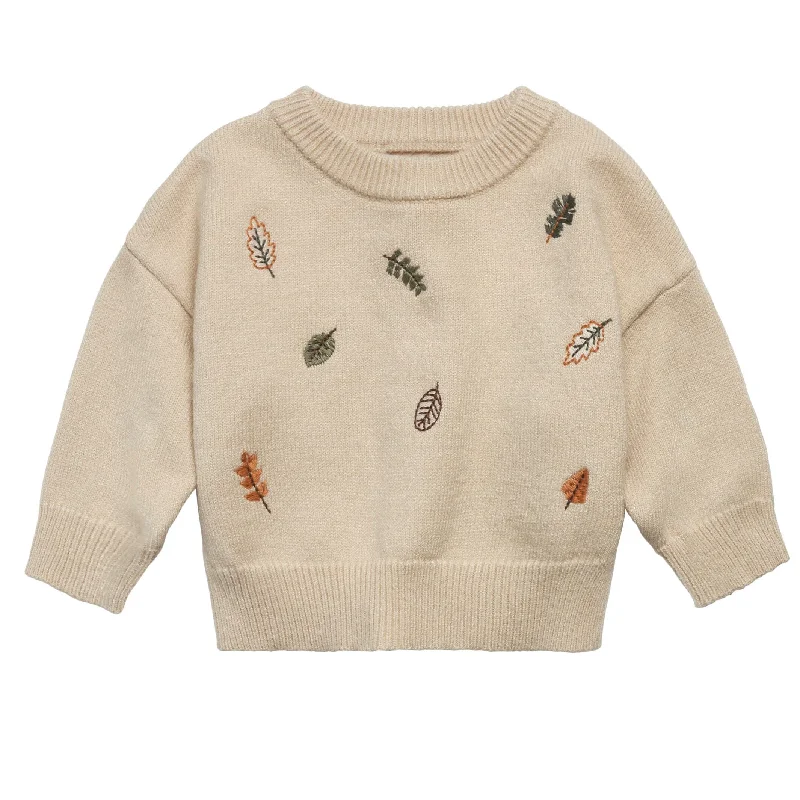 Baby Neutral Light Beige Embroidered Leaves SweaterMohair Knit Tops