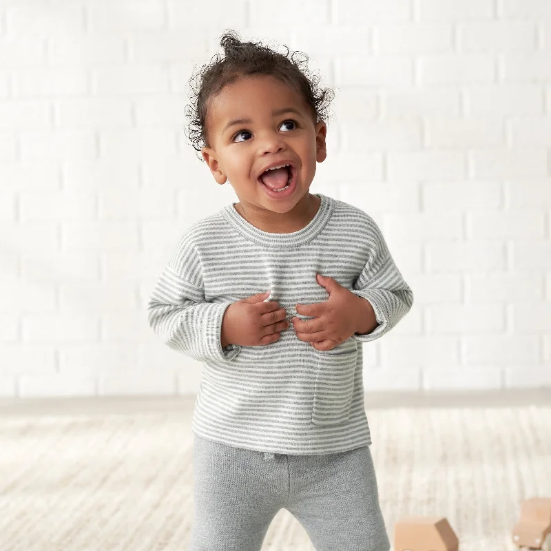 Infant & Toddler Boys Gray Heather Striped Sweater with PocketAsymmetrical Knit Tops