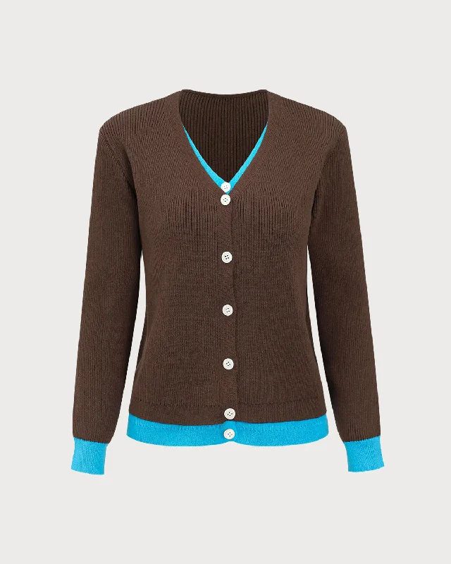 Brown Contrasting Single-Breasted CardiganHunting Knit Tops