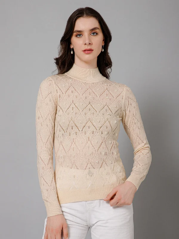 Women's Casual  Ivory High neck Pullover SweaterDesigner Knit Tops