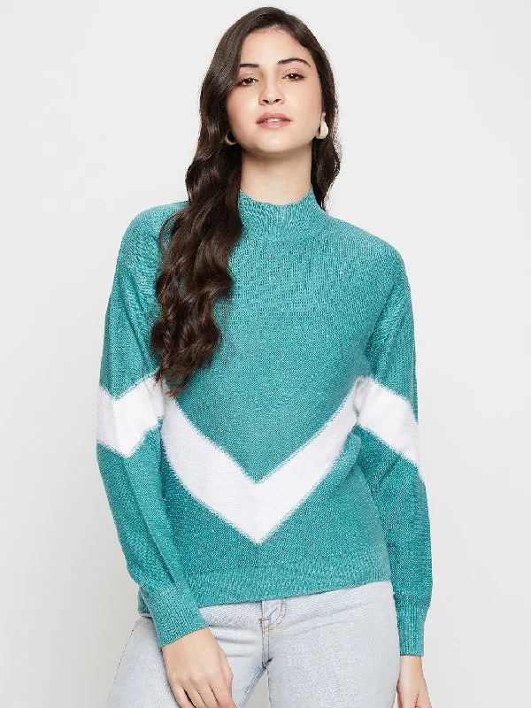 Women's Casual  Aqua High neck Color Block Pullover SweaterSports Team Knit Tops