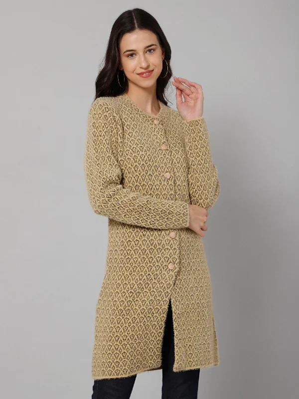 Women's Casual  Khaki Round neck Long Cardigan SweaterWinter Knit Tops