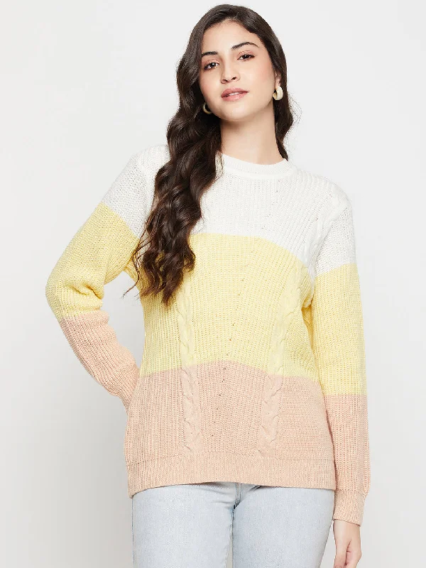 Women's Casual  OffWhite Round neck Color Block Pullover SweaterUrban Knit Tops