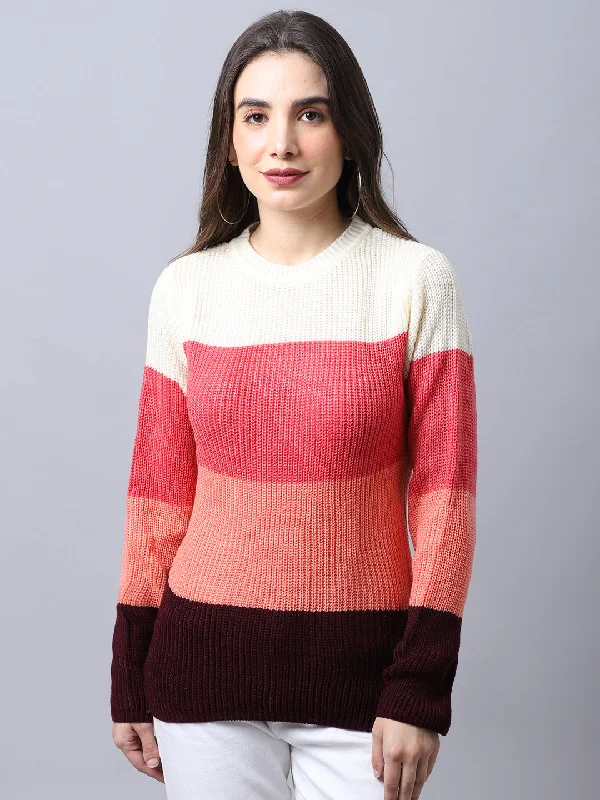 Women's Casual  Pink Round neck Color block Pullover SweaterCasual Knit Tops