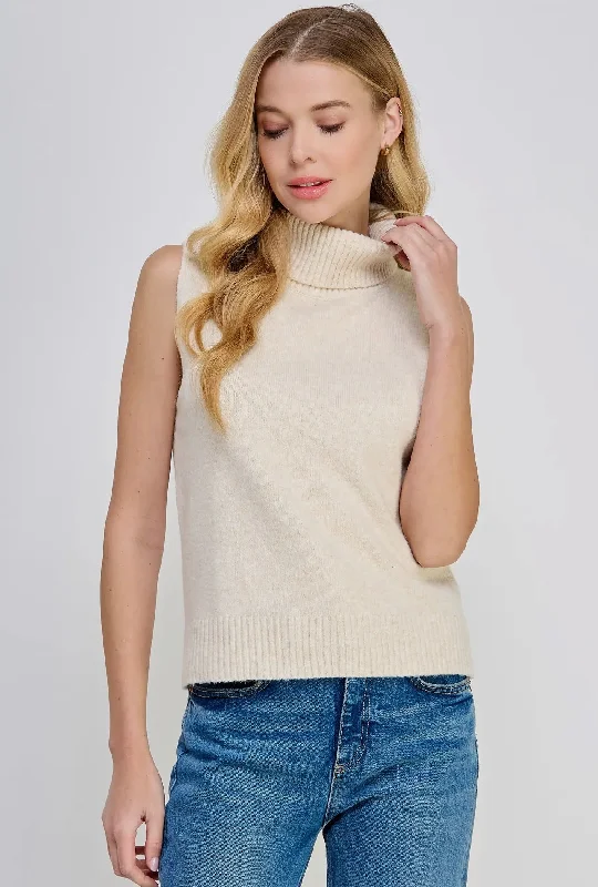 Cream Sleeveless Turtleneck SweaterLogo Knit Tops