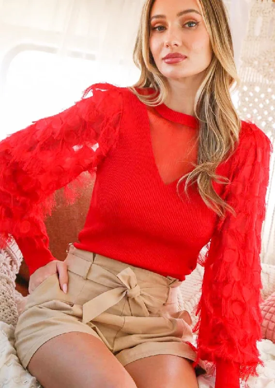 Lace Contrast Red SweaterFitted Knit Tops