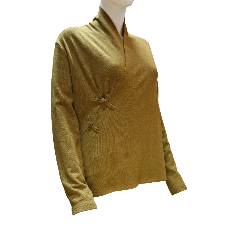 Long Sleeve Knitted Sweater with Pankou Buttons - GreenCashmere Knit Tops