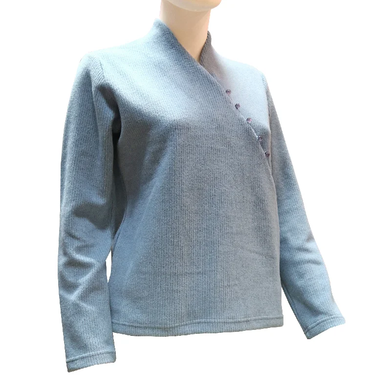 Long Sleeve Knitted Sweater with Pankou Buttons - Light BlueLayered Knit Tops