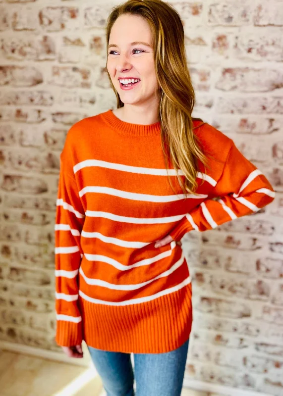 Orange Stripe Oversize SweaterEmbellished Knit Tops