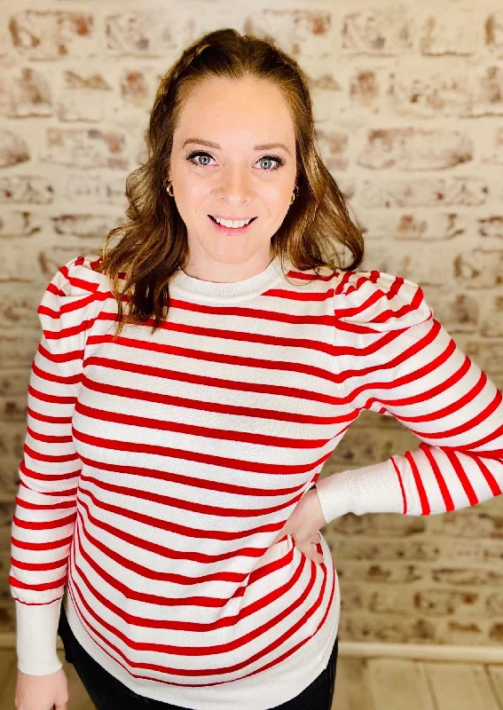 Puff Red Stripe SweaterStriped Knit Tops