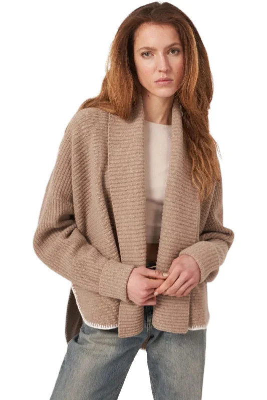 Repeat Cashmere Wool Rib Knit Cardigan with Wide Shawl Neck in TaupeLayered Knit Tops