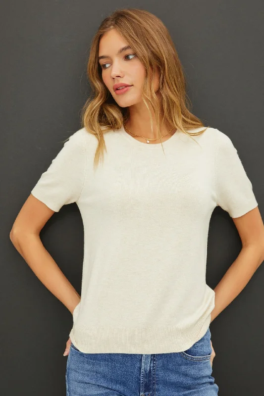 Ultra Soft Short Sleeve Sweater - OatmealZippered Knit Tops