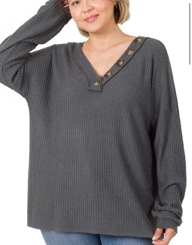 Brushed Thermal Waffle Knit Buttoned SweaterVelvet Knit Tops