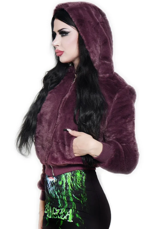 Wine Color Faux Fur Zip Up Hooded JacketFishing Knit Tops