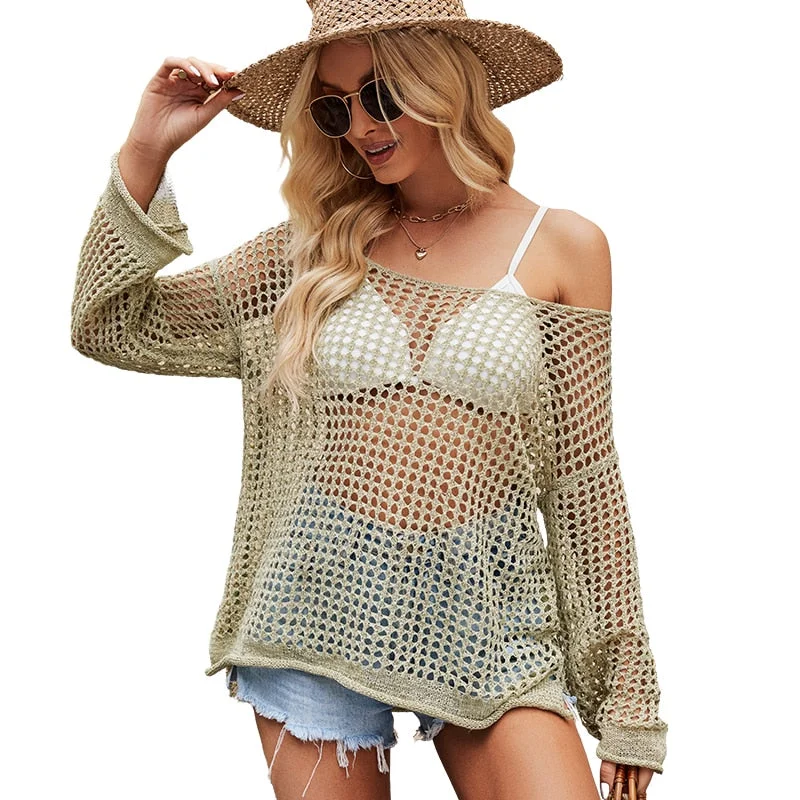 Women Hollow Out Sweater Summer Openwork Thin Loose Sun Protective Blouse Beach New Knitted Tops Euro American StyleWork Knit Tops