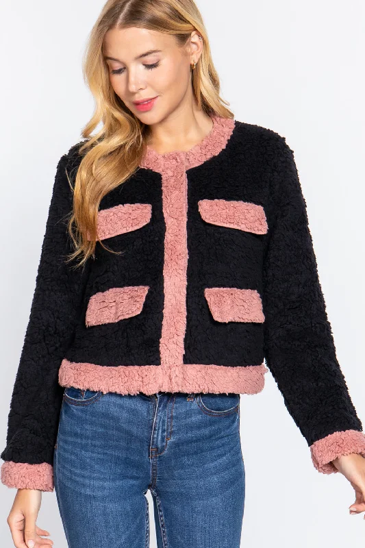 Down JacketsLong Sleeve Pocket Detail Faux Fur Jacket