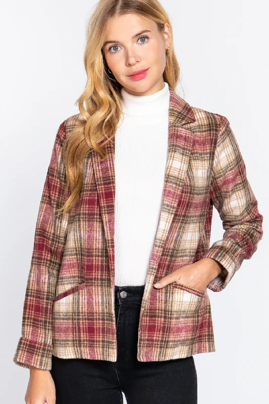 Insulated JacketsNotched Collar Plaid Jacket