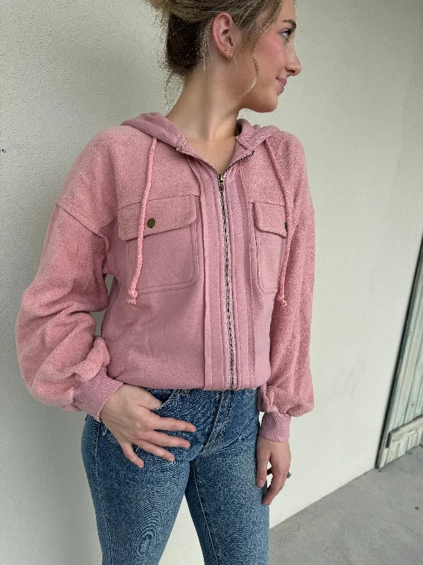 Suede JacketsFlap Pocket Drawstring Hooded Jacket - Pink