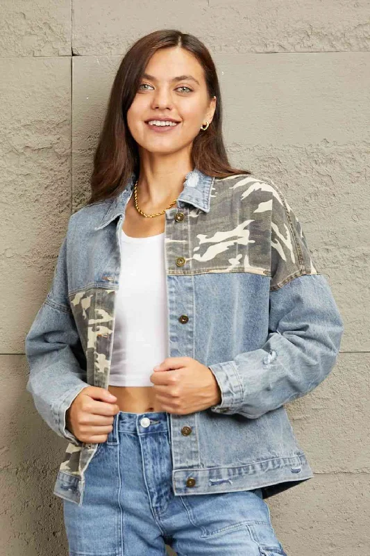 Motorcycle JacketsGeeGee Full Size Washed Denim Camo Contrast Jacket