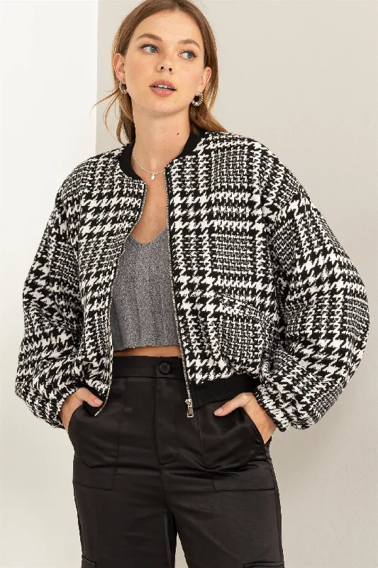 WindbreakersKylan (Houndstooth Balloon Sleeve Bomber Jacket)