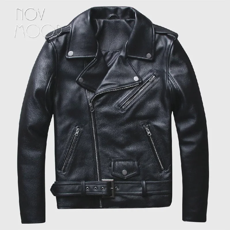 Corduroy JacketsMen Off-center Zipper Black Genuine Leather Cowskin Motorcycle Biker Jackets