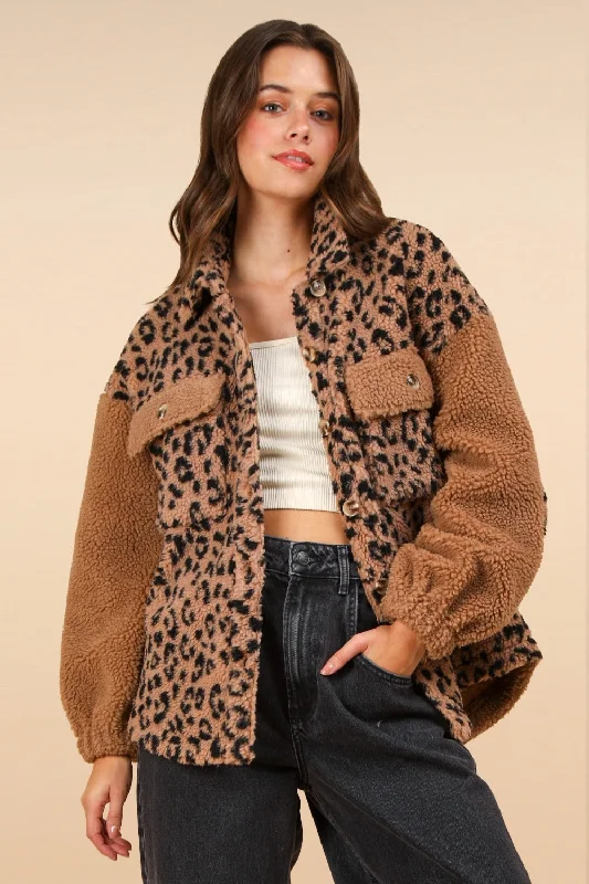 Corduroy JacketsVERY J Fuzzy Leopard Button Down Long Sleeve Jacket