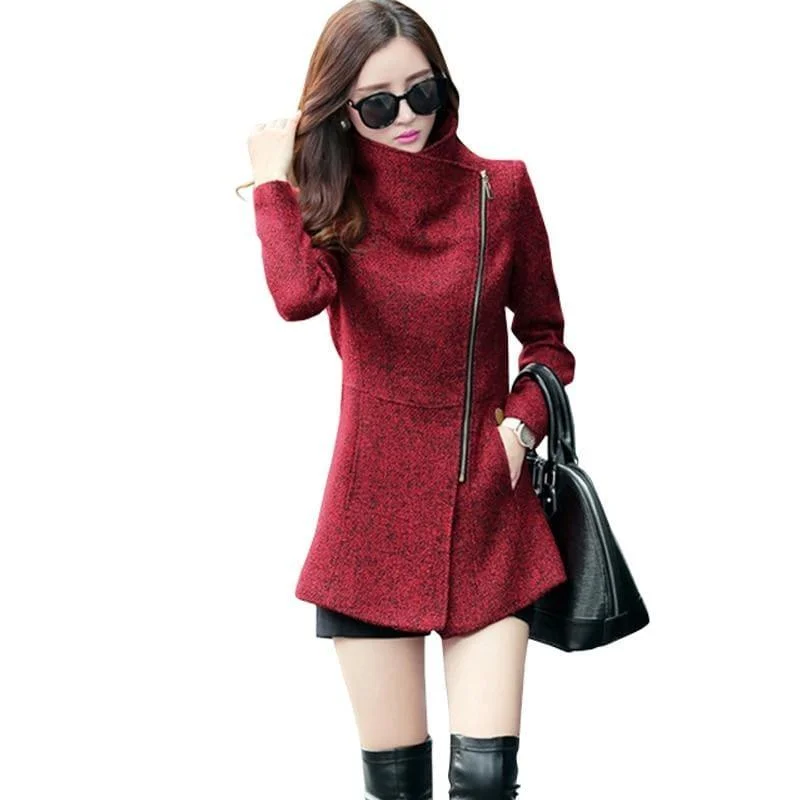 Leather-Paneled JacketsWoolen Jackets Fashion Women Slim Jackets Coat