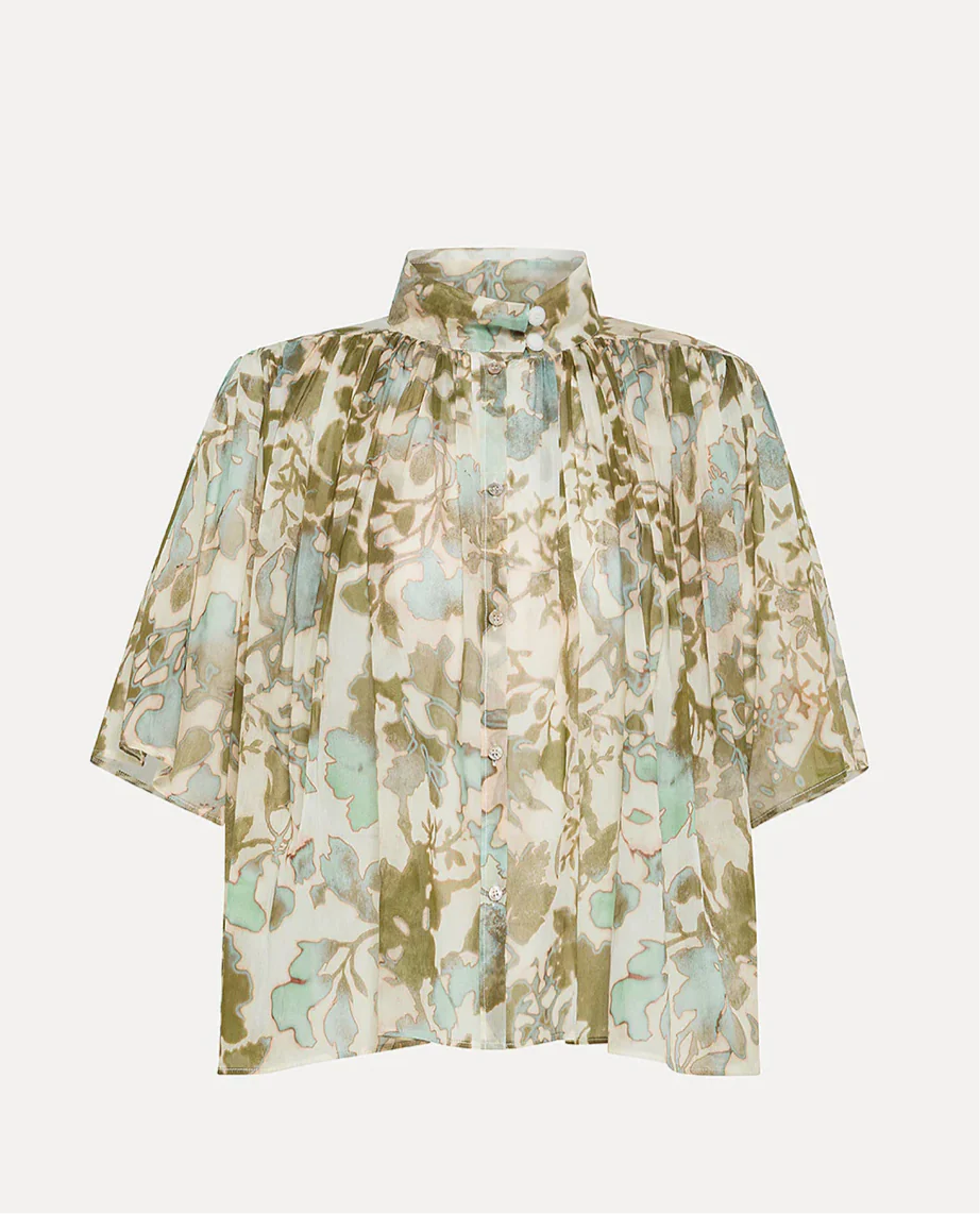 Recycled Fabric Shirts"bloom mist" print voile half sleeves shirt