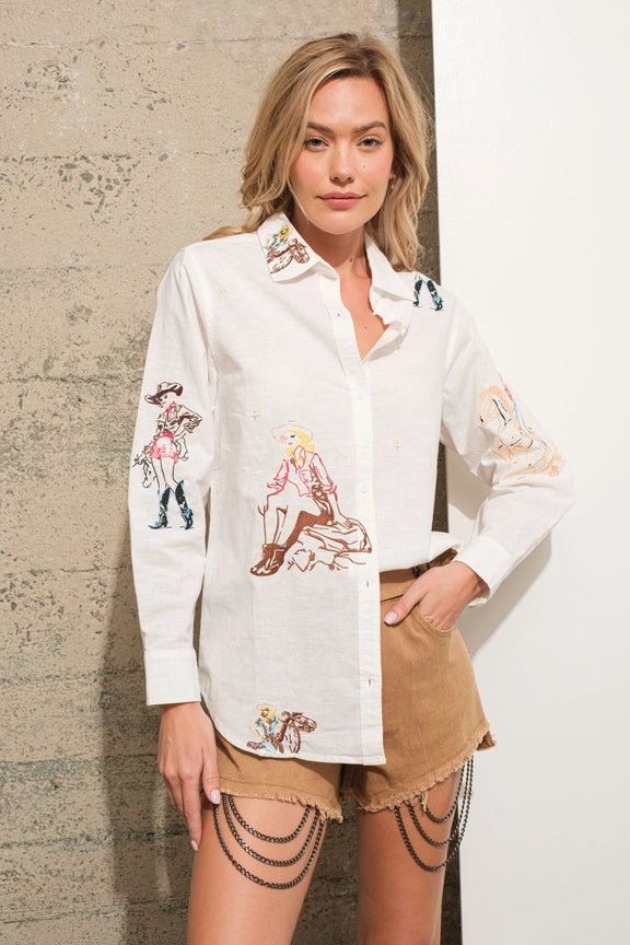 Branded ShirtsBLUE B Western Cowgirl Motif Button Up Linen Shirt Blouse