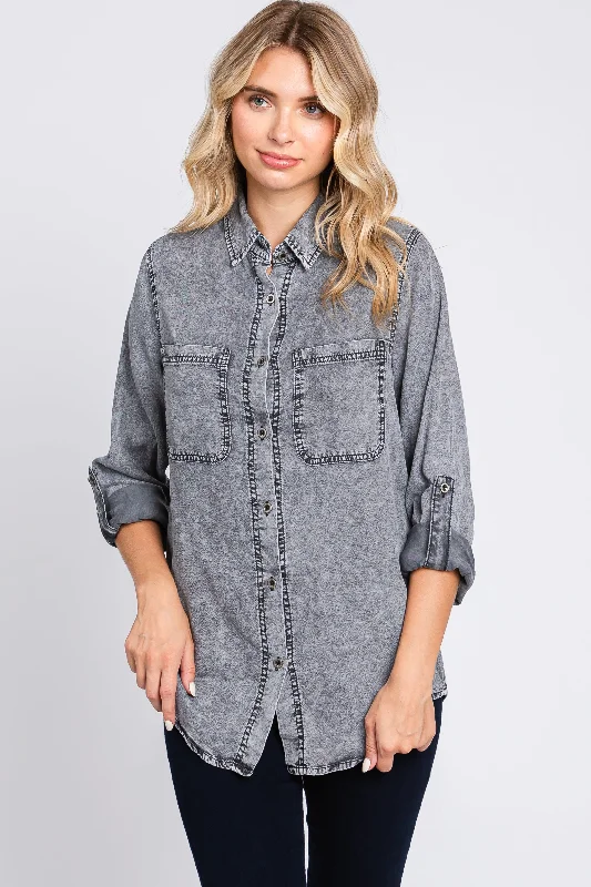 Satin ShirtsCharcoal Chambray Rolled Cuff Shirt