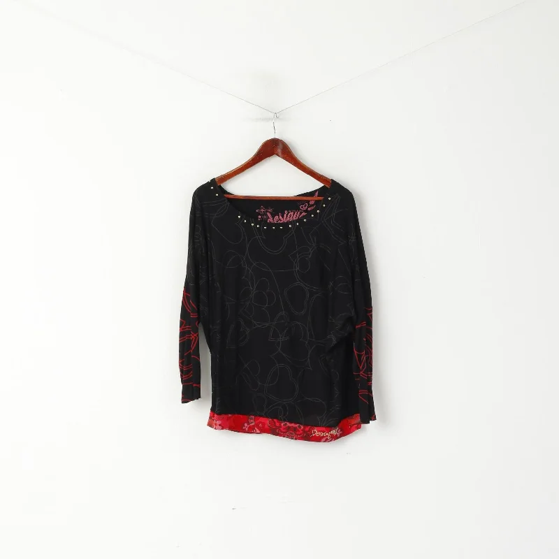 Festival ShirtsDesigual Women L Shirt Black Soft Oversize Hearts Love Print 2/3 Sleeve Top