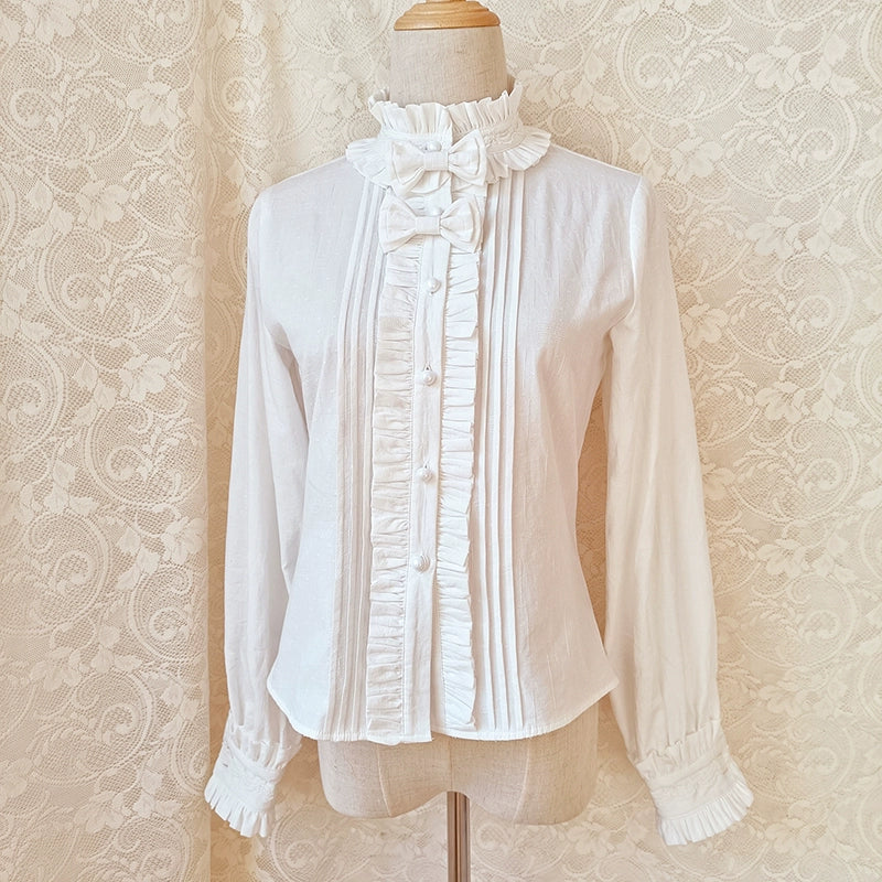 Cotton ShirtsYoulan Lane~Winter Cotton Lolita Blouse White Long Sleeve Stand Collar Shirt