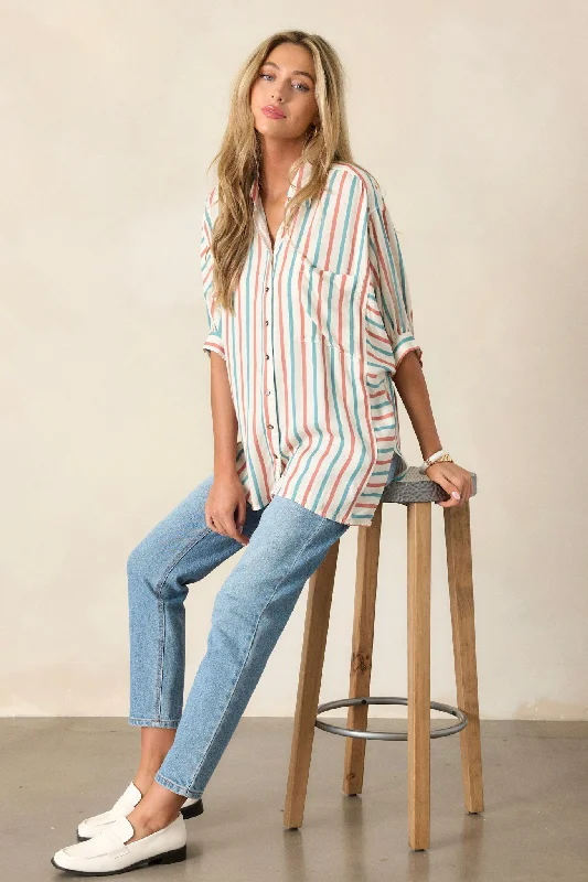 Chambray ShirtsDream Weaver Ivory Button Front Stripe Collared Shirt