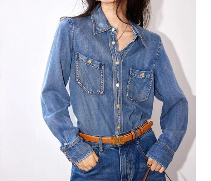 Thermal ShirtsWomen's Classic Simple Denim Shirt Loose Button Front Pockets High End Blouse